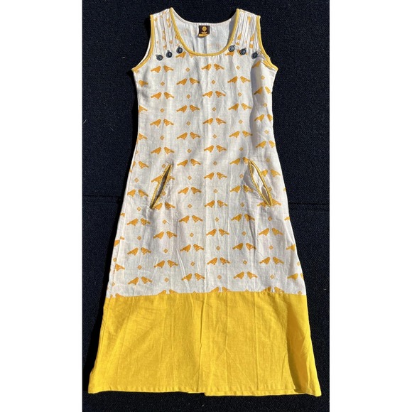 Mother Earth Dresses & Skirts - Mother Earth Dress Womens XS White Yellow‎ Bird Print Sleeveless Pockets A-Line